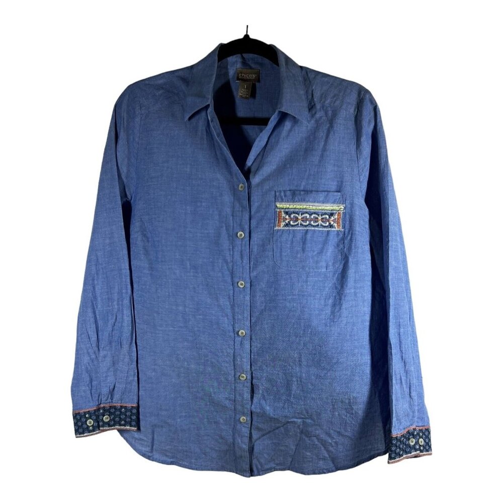 Chico’s Women’s Shirt Chambray Blue Button-Up Pocket Embellished Size 1 / small